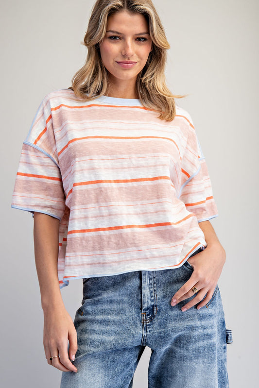 Striped Boxy Tee - Coral Breeze
