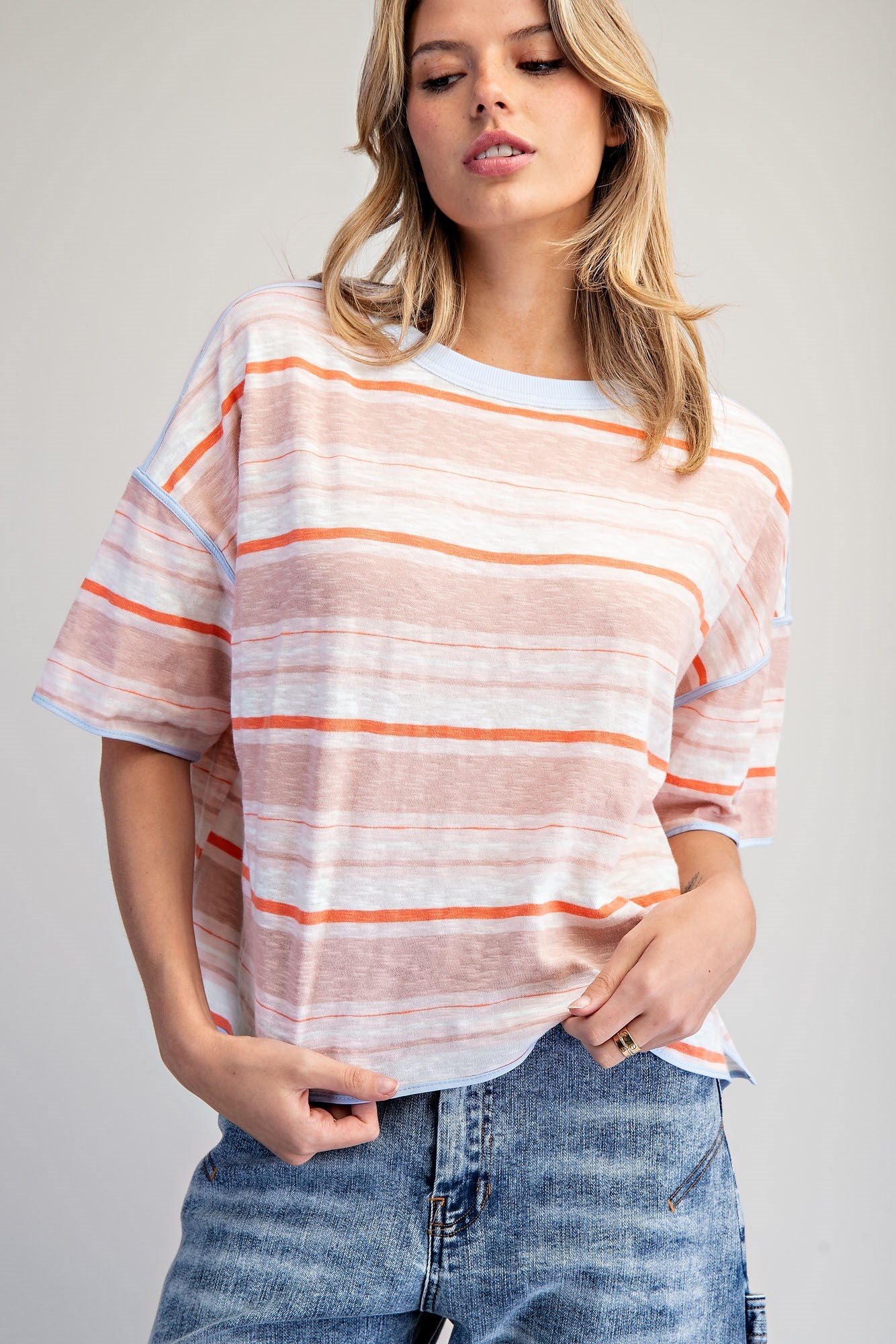 Striped Boxy Tee - Coral Breeze