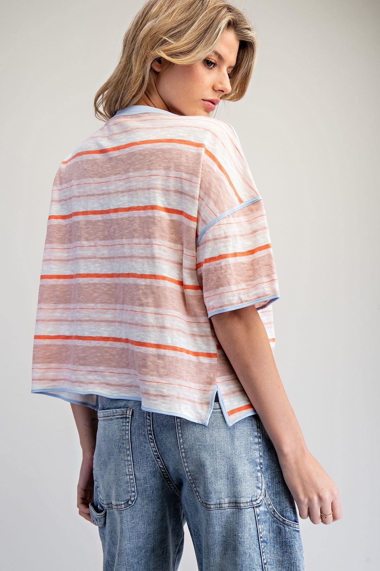 Striped Boxy Tee - Coral Breeze