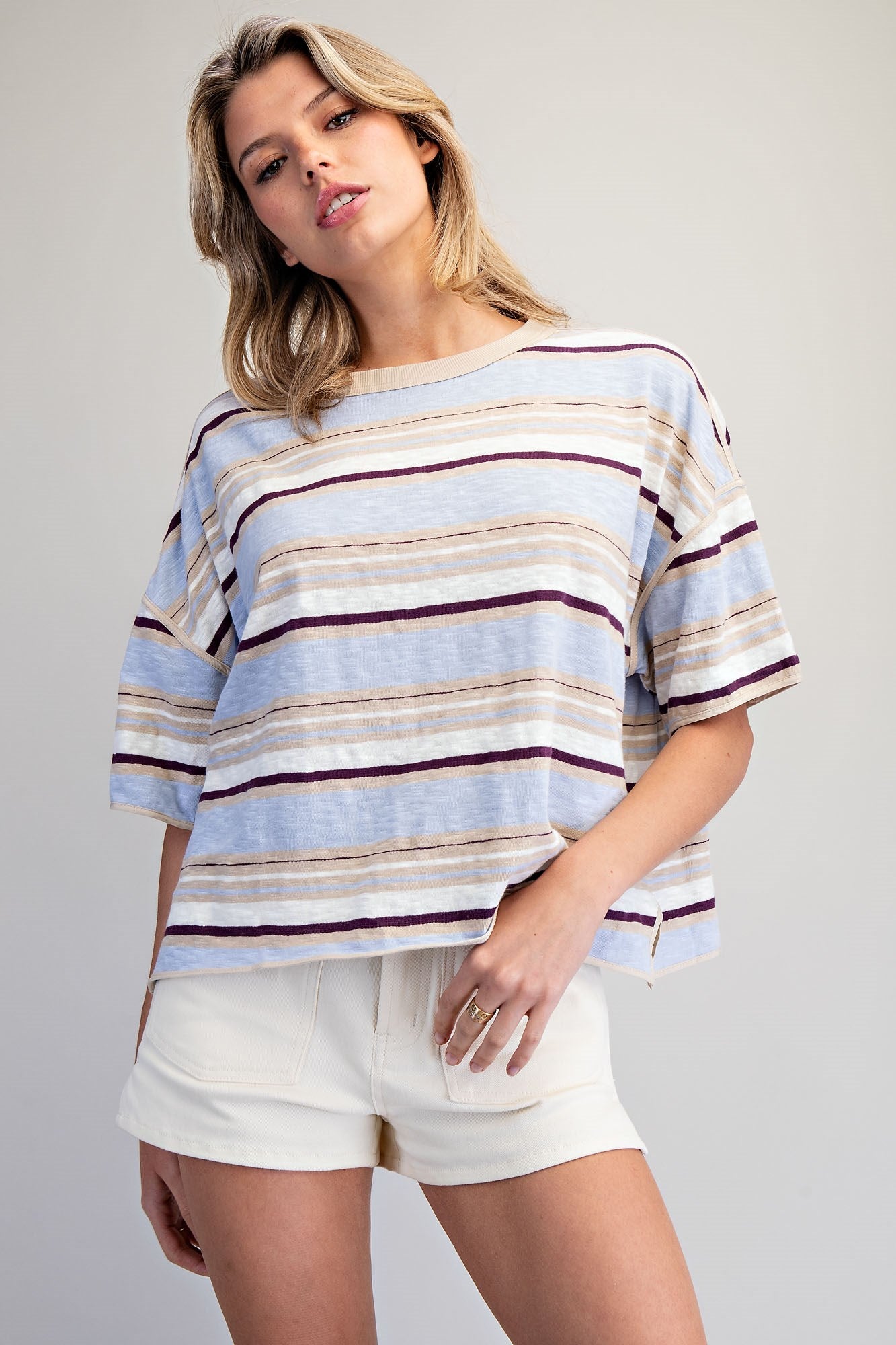 Striped Boxy Tee - Blueberry