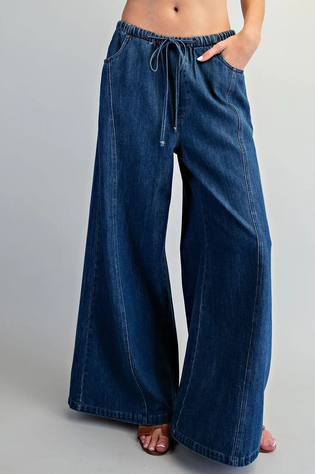 Drawstring Denim Wide Leg Pants