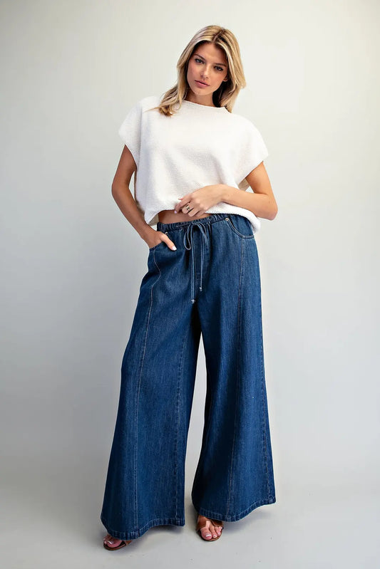 Drawstring Denim Wide Leg Pants