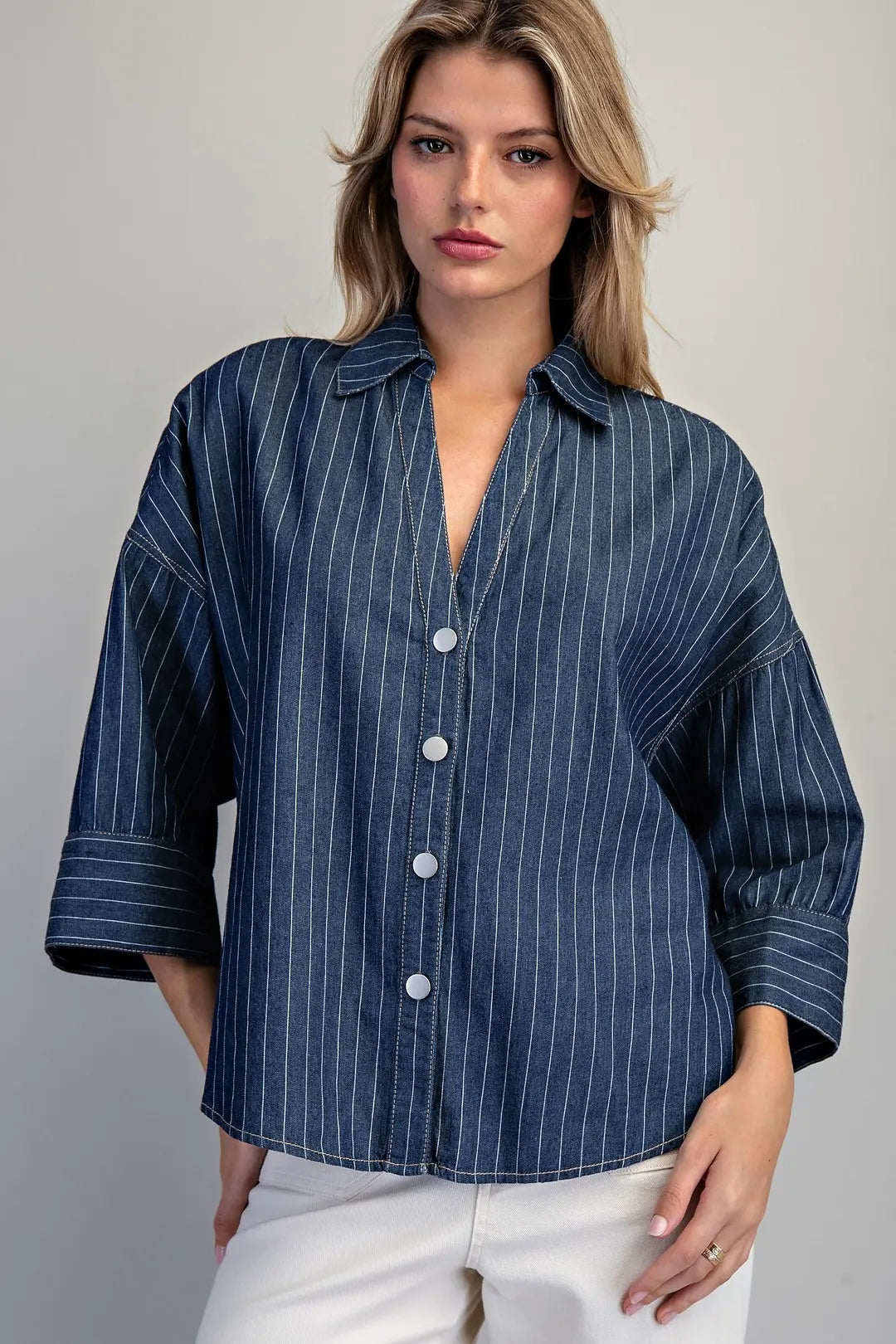 Striped Button Down Back Pleat Blouse