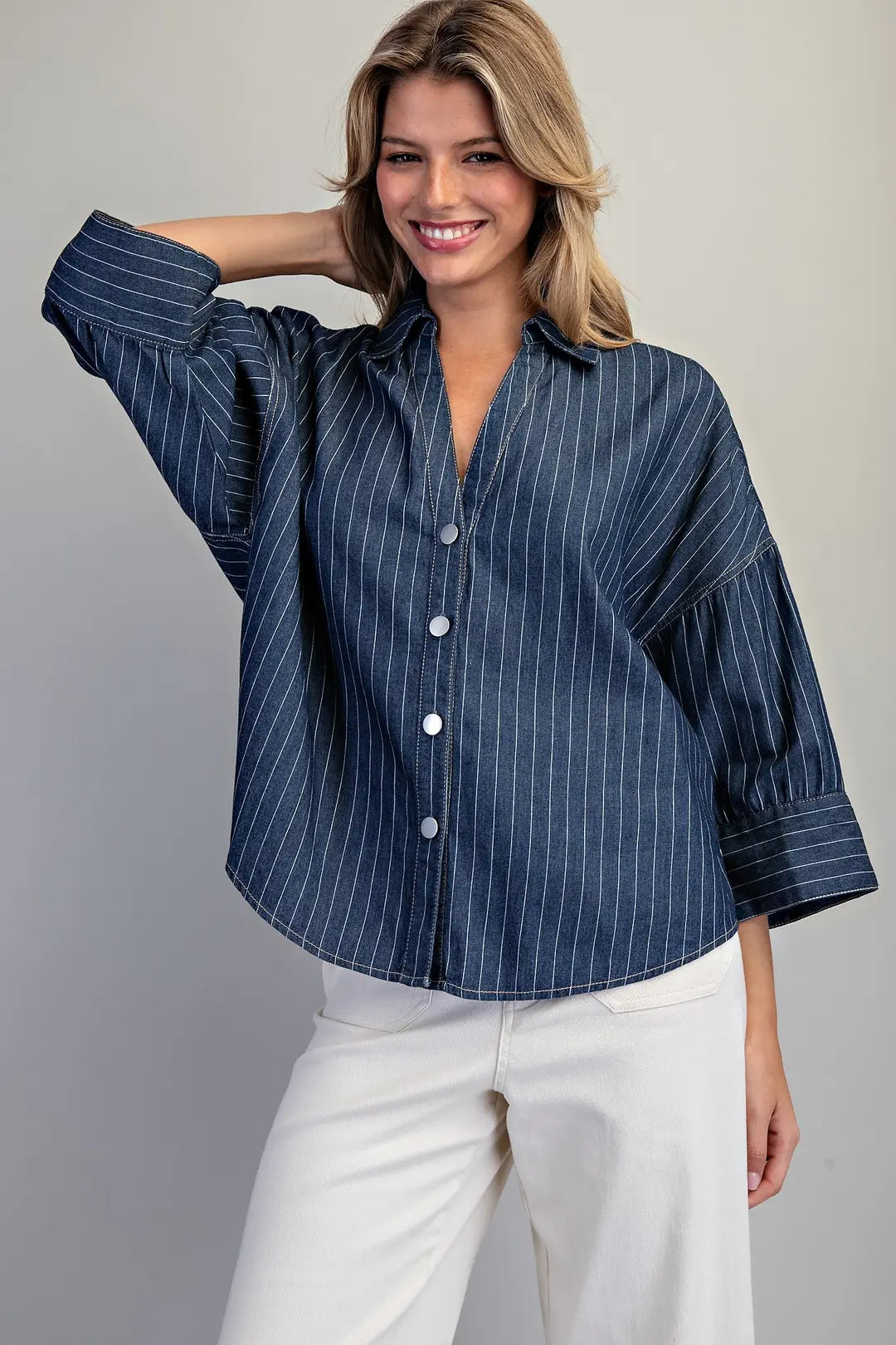 Striped Button Down Back Pleat Blouse