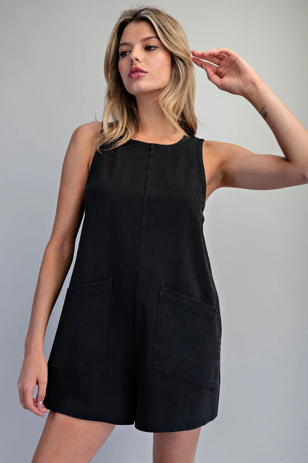 Sleeveless Patch Pocket Romper - Black