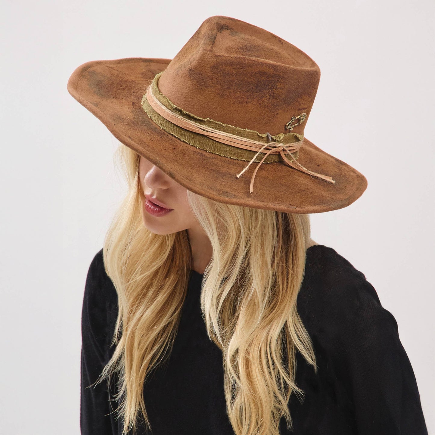 Distressed Fabric Band Rustic Cowgirl Fedora Hat