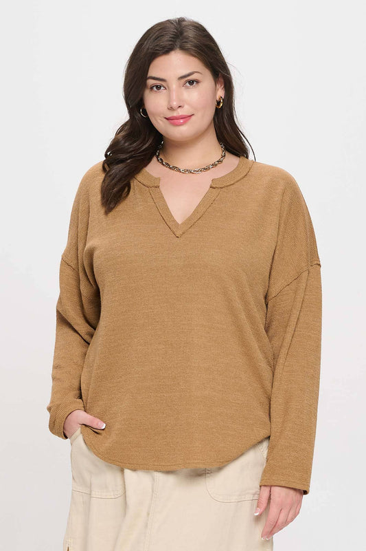 PLUS SOLID NOTCH NECK KNIT TOP - ALMOND