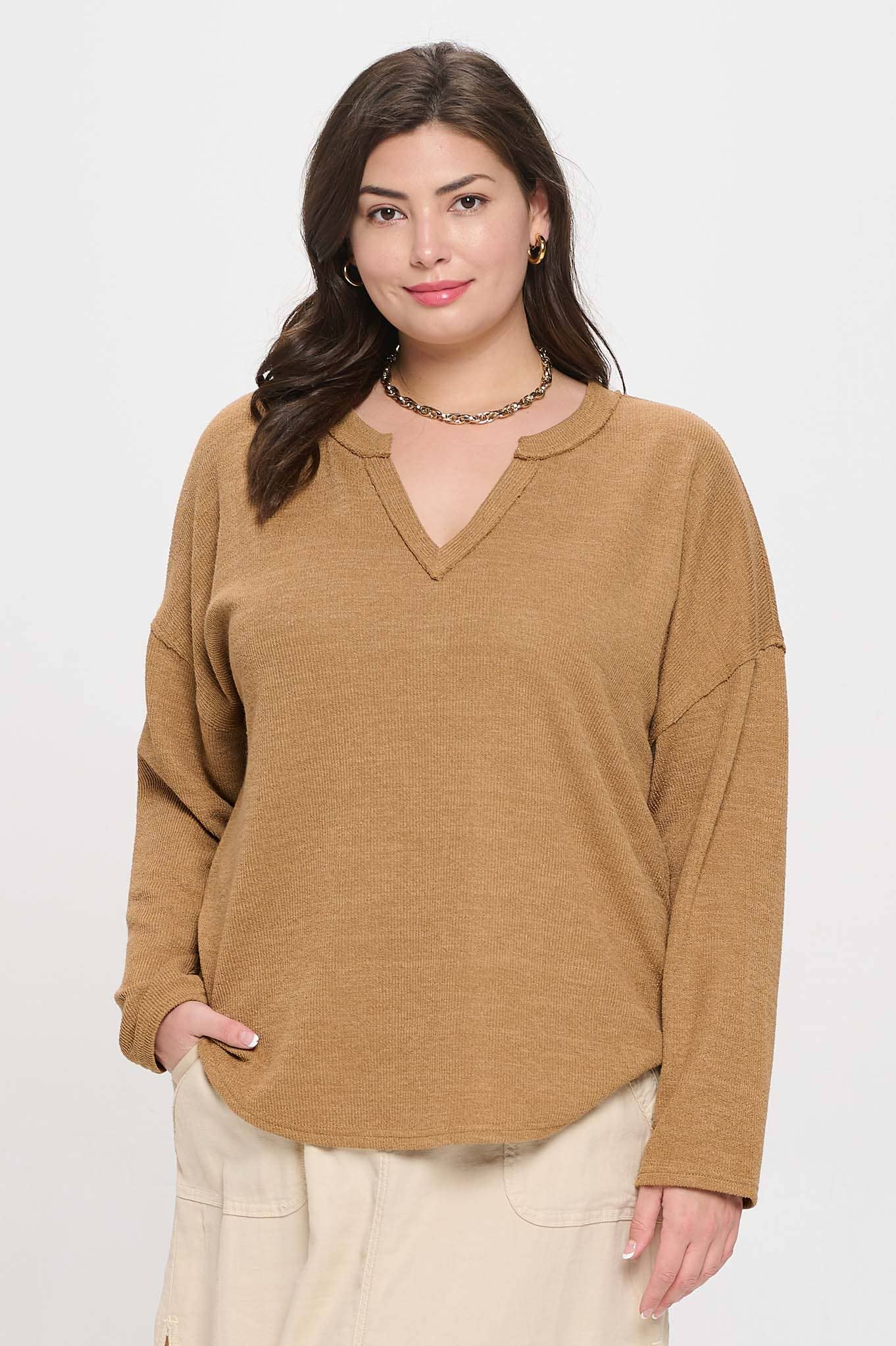 *PLUS SOLID NOTCH NECK KNIT TOP - ALMOND