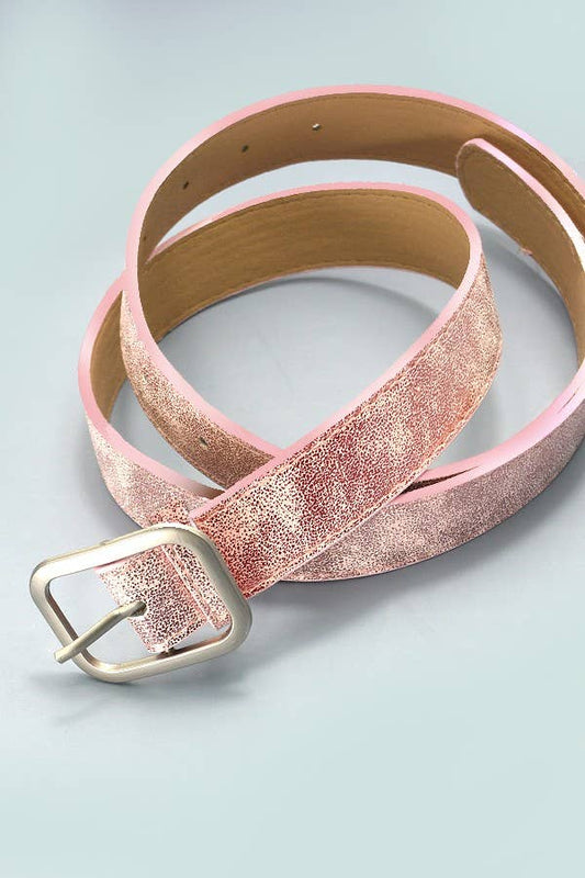 METALLIC SQUARE BUCKLE FAUX LEATHER BELT - PINK