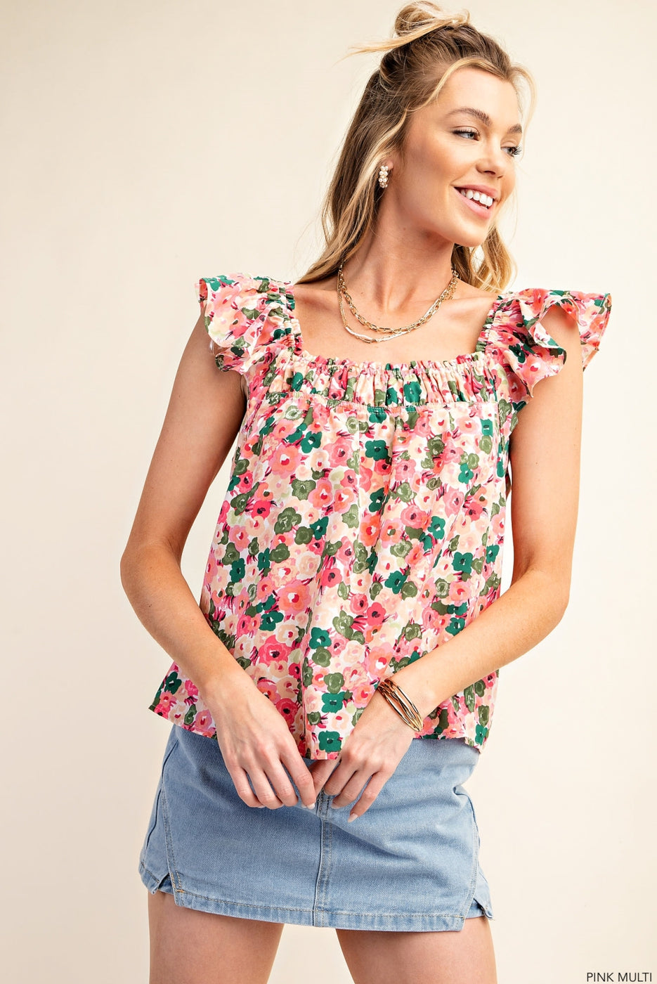 FLOWERY MULTI PINK FABRIC SQUARE NECK LINE TOP