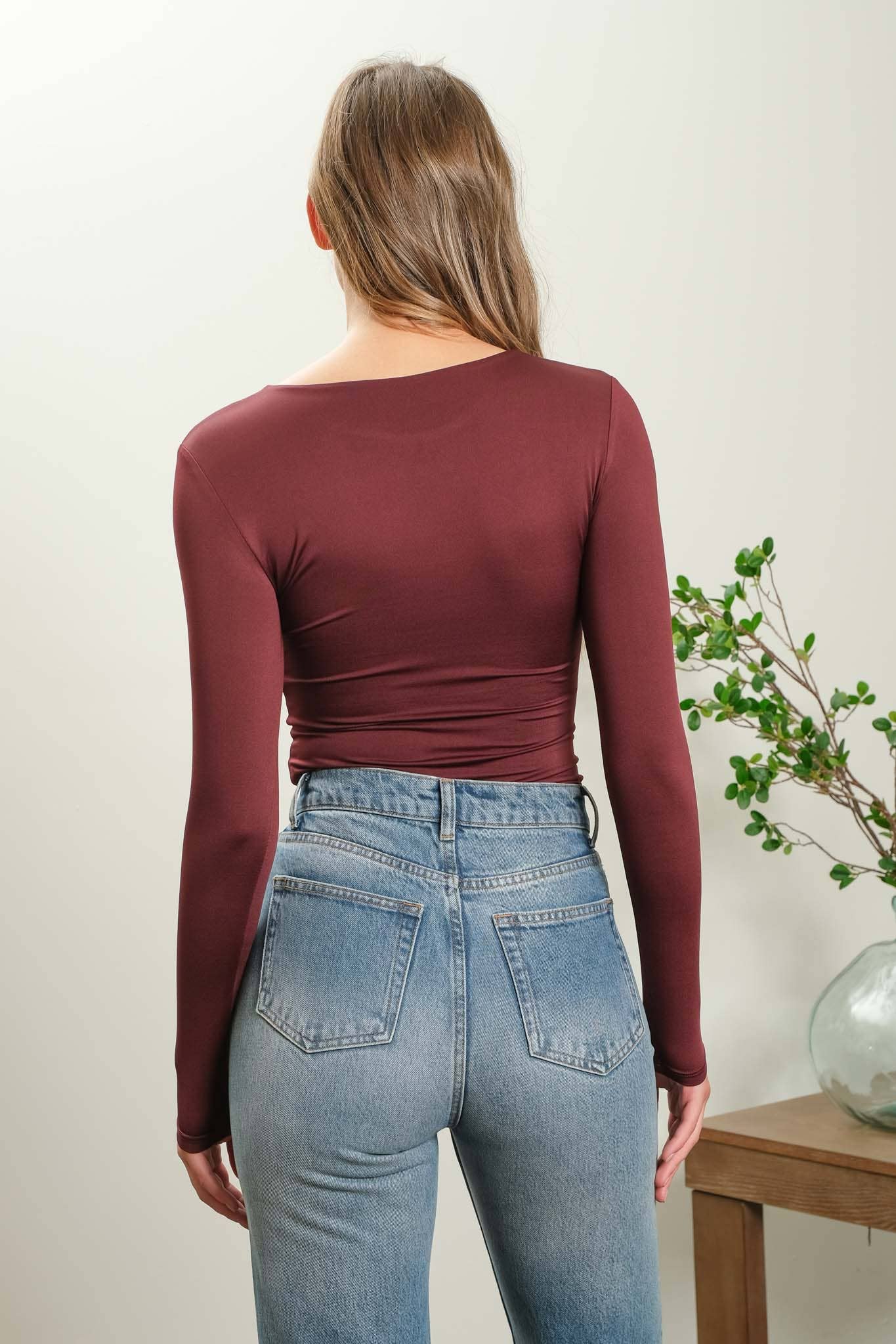 SOLID ROUND NECK LONG SLEEVE BODYSUIT - MAROON