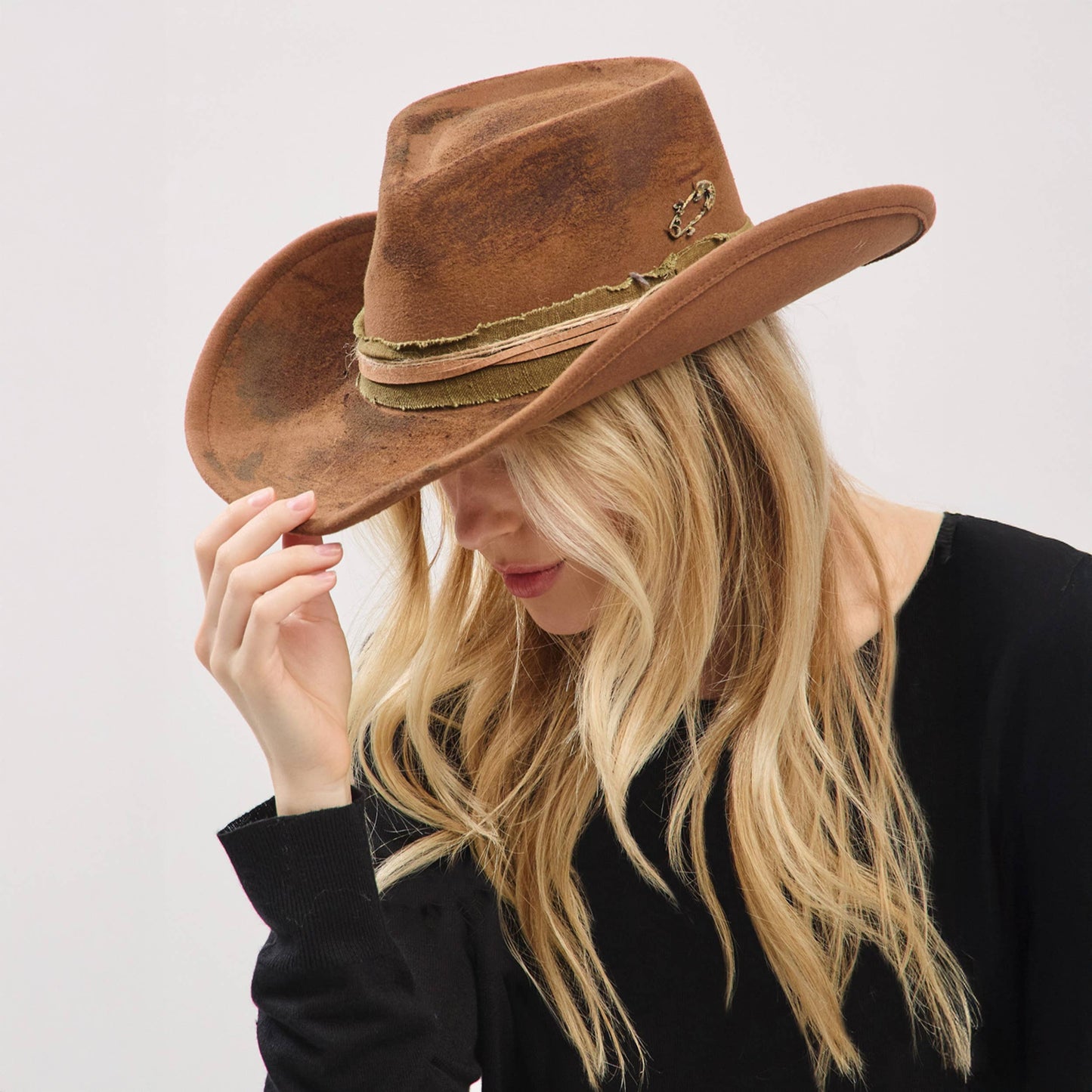 Distressed Fabric Band Rustic Cowgirl Fedora Hat