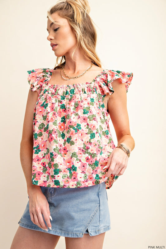 FLOWERY MULTI PINK FABRIC SQUARE NECK LINE TOP