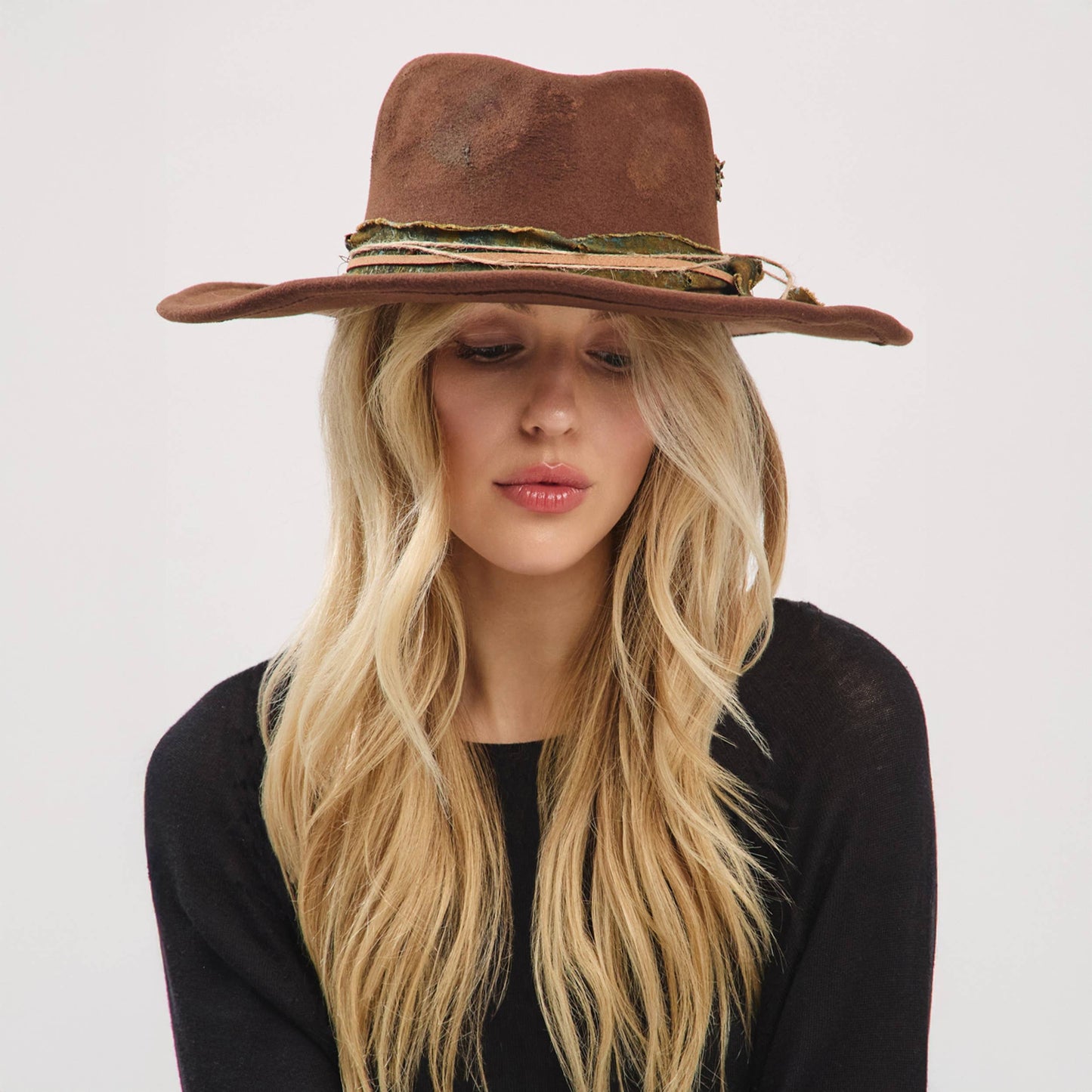 Distressed Fabric Band Cowgirl Fedora Hat