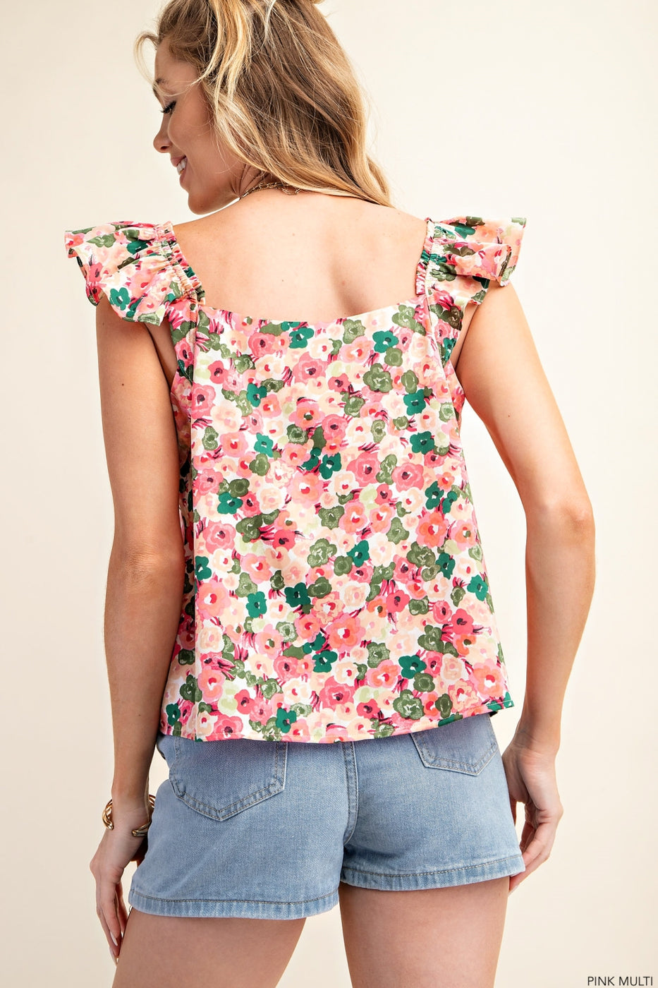 FLOWERY MULTI PINK FABRIC SQUARE NECK LINE TOP