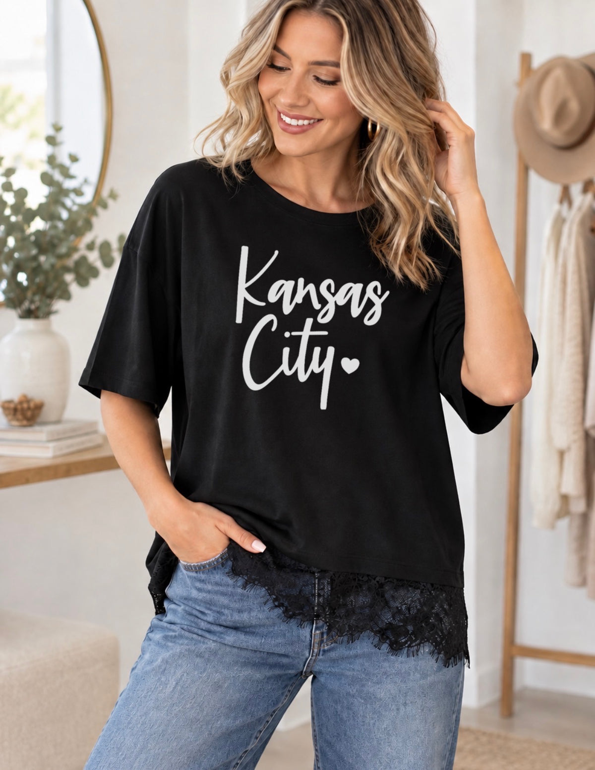Kansas City Lace Trim T'Shirt - Black