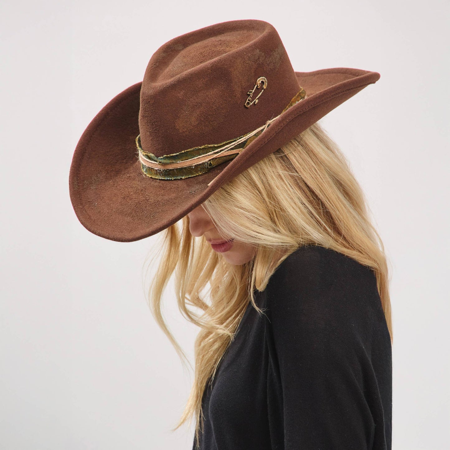 Distressed Fabric Band Cowgirl Fedora Hat