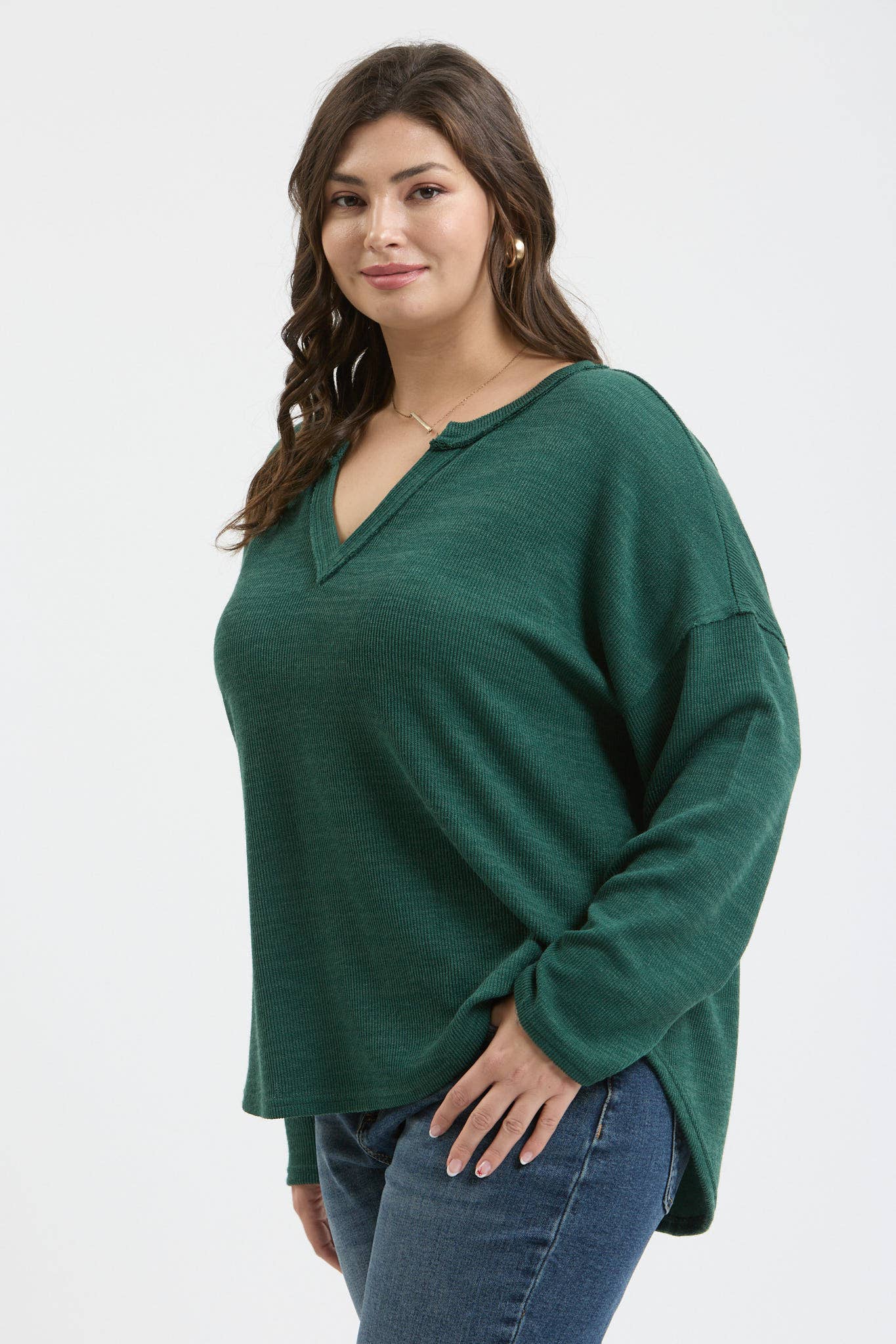 PLUS SOLID NOTCH NECK KNIT TOP - FOREST GREEN