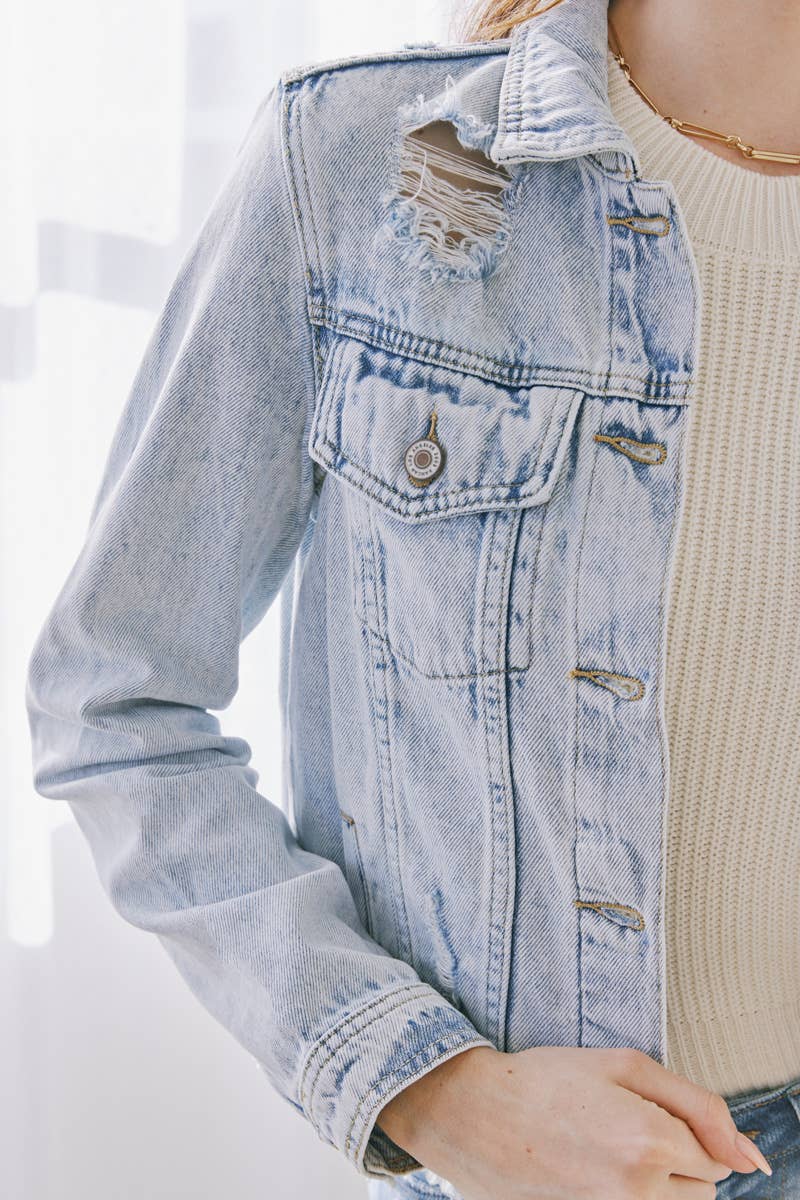 DISTRESSED LIGHT DENIM JACKET - KANCAN