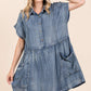 WASHED CHAMBRAY PATCH POCKET SHIRT MINI DRESS