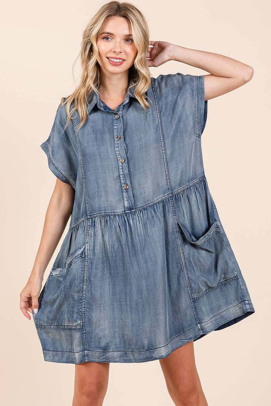 WASHED CHAMBRAY PATCH POCKET SHIRT MINI DRESS