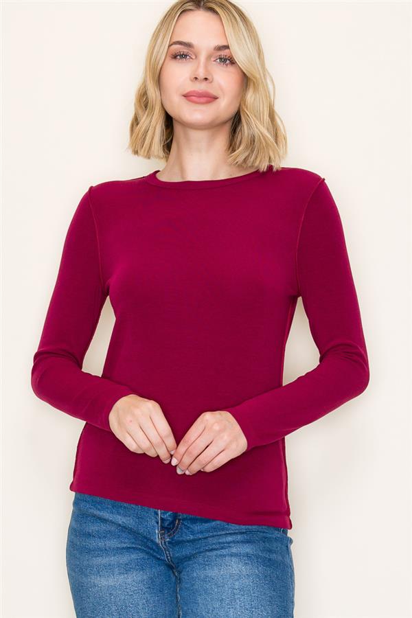 Long Sleeve Out Seam Detailed Top - Wine