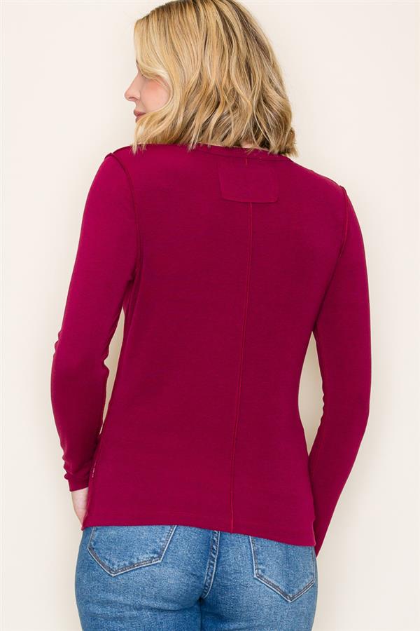 Long Sleeve Out Seam Detailed Top - Wine