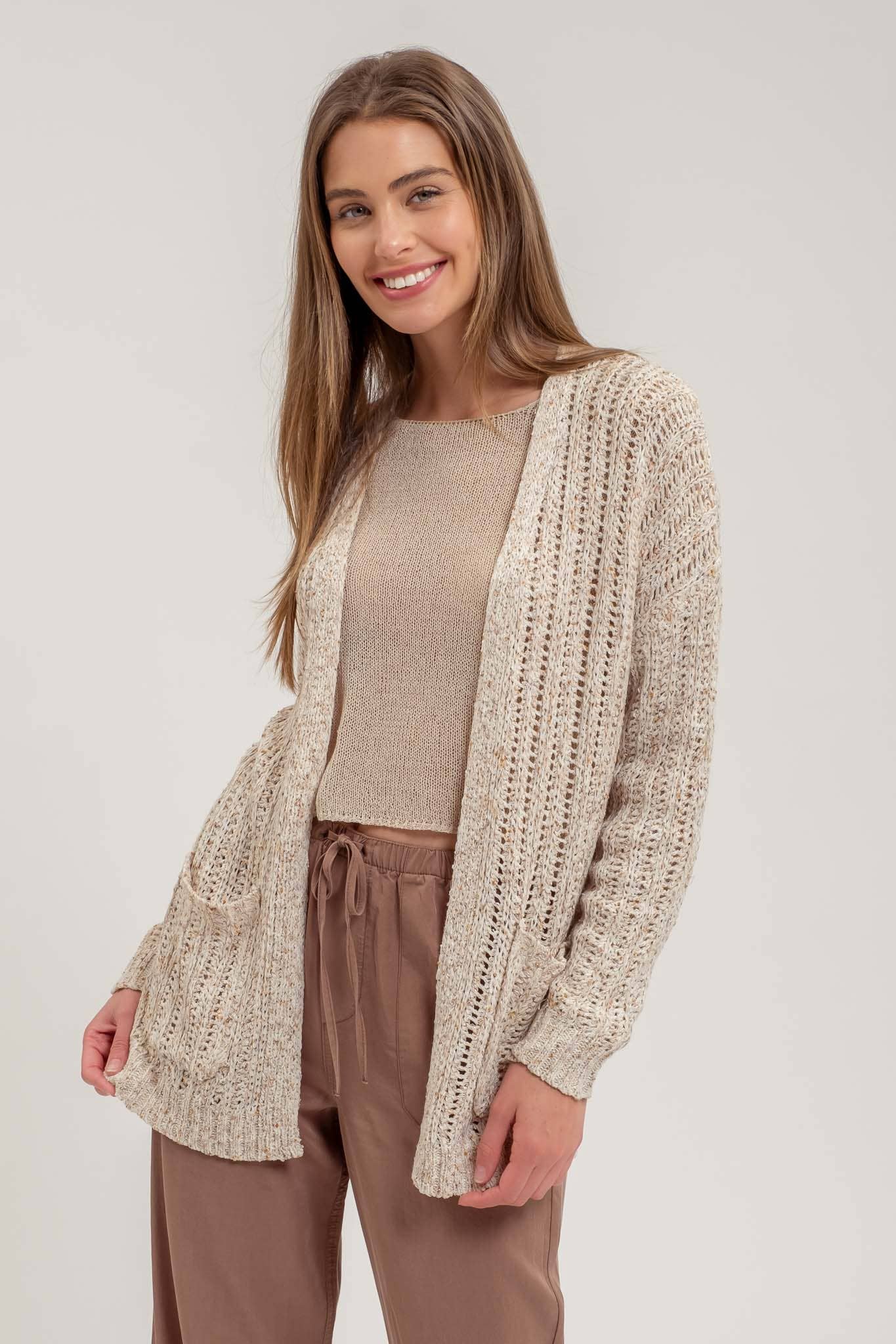 SPLIT HEM CROCHET KNIT CARDIGAN