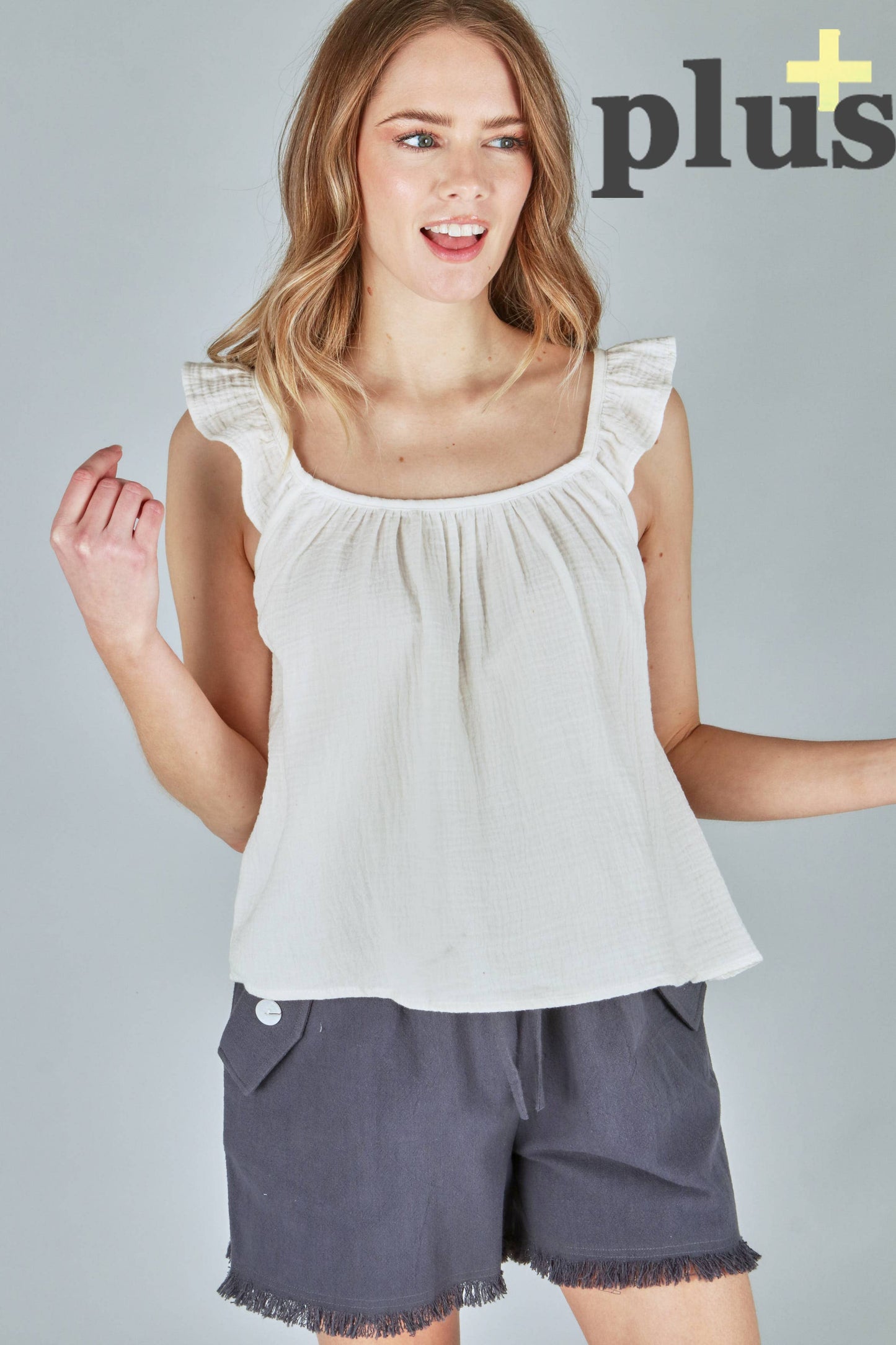 PLUS SIZE - SOLID WOVEN SHOULDER RUFFLE TOP