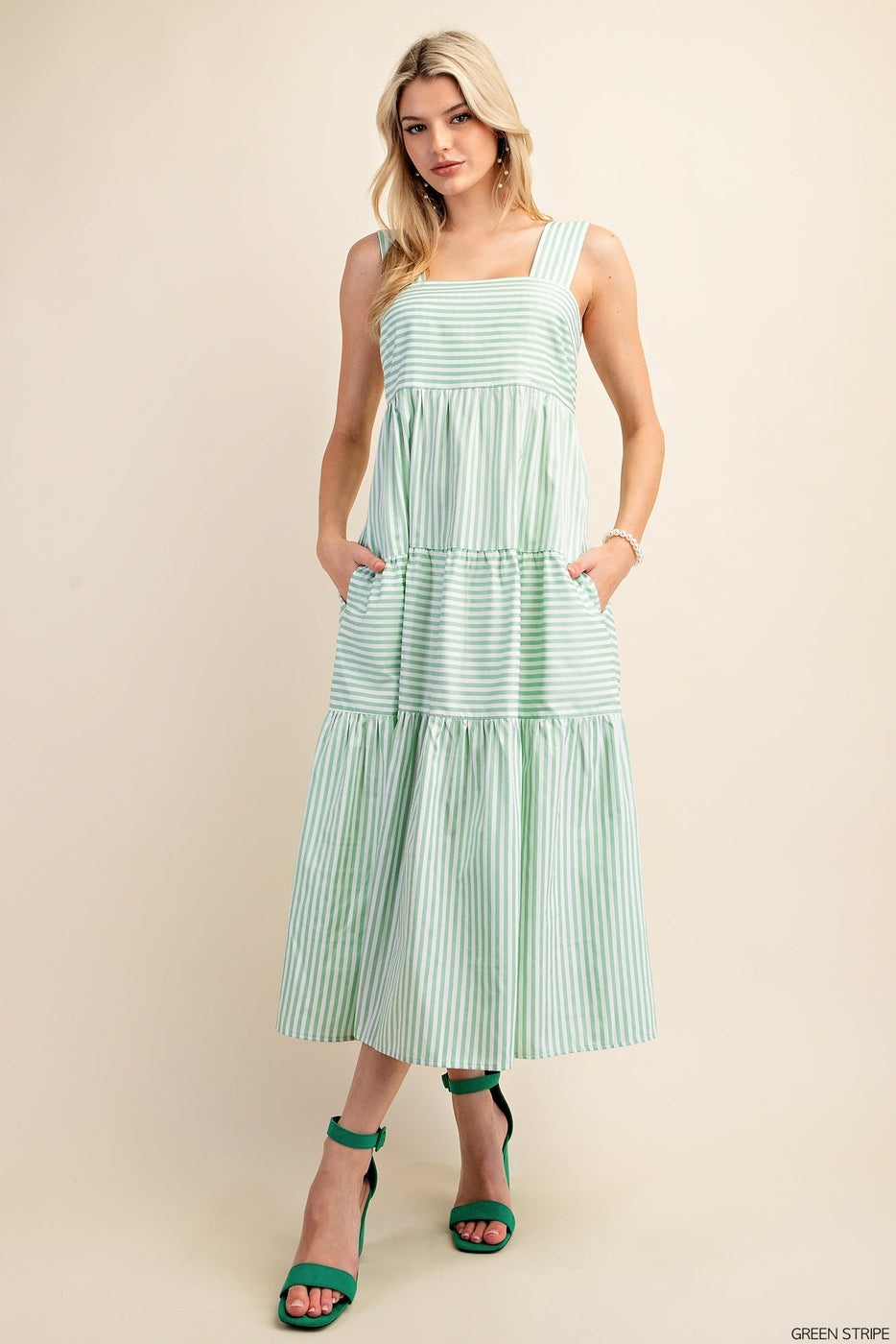 Green STRIPED POPLIN TIERED SLEEVELESS MIDI DRESS