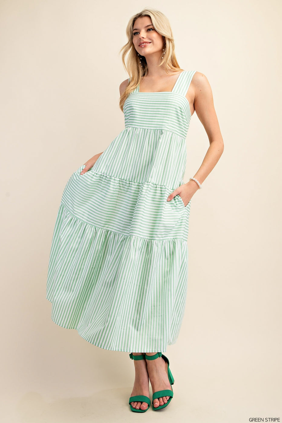 Green STRIPED POPLIN TIERED SLEEVELESS MIDI DRESS