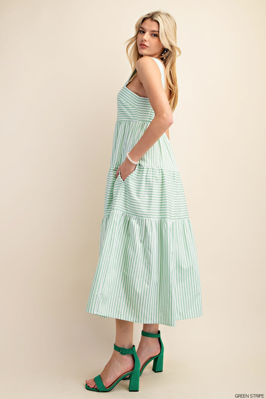 Green STRIPED POPLIN TIERED SLEEVELESS MIDI DRESS