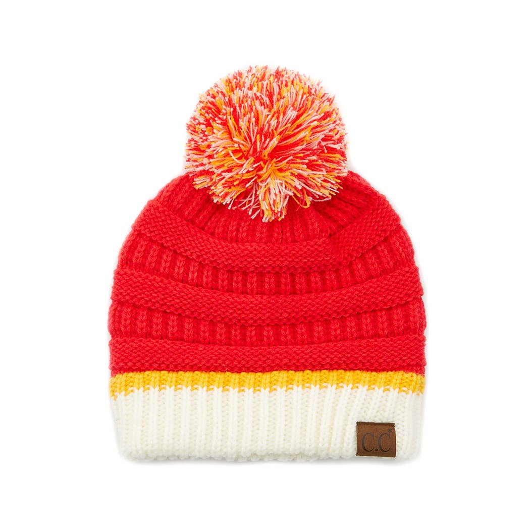 Red, White and Yellow Trim  - Colorblock Ribbed Beanie with Pom Pom