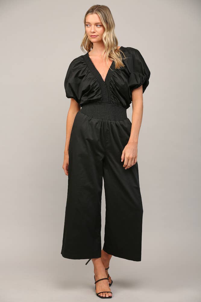 SMOCKED DETAIL OPEN TIE BACK JUMPSUIT