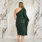 ONE SHOULDER SEQUIN MIDI DRESS - HUNTER GREEN