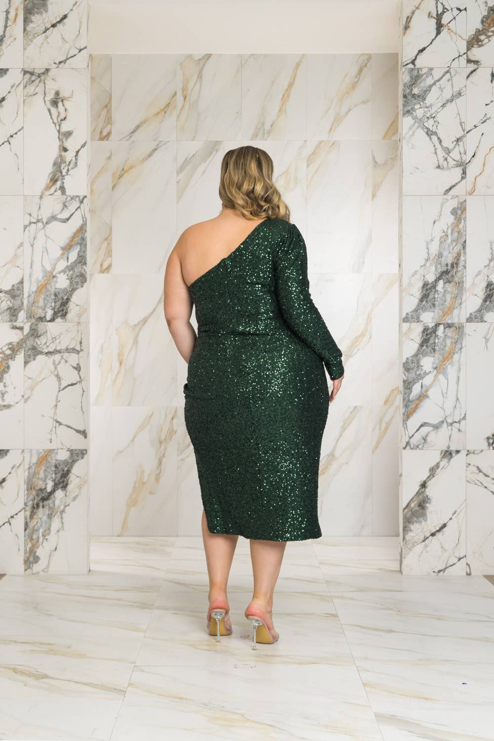 ONE SHOULDER SEQUIN MIDI DRESS - HUNTER GREEN