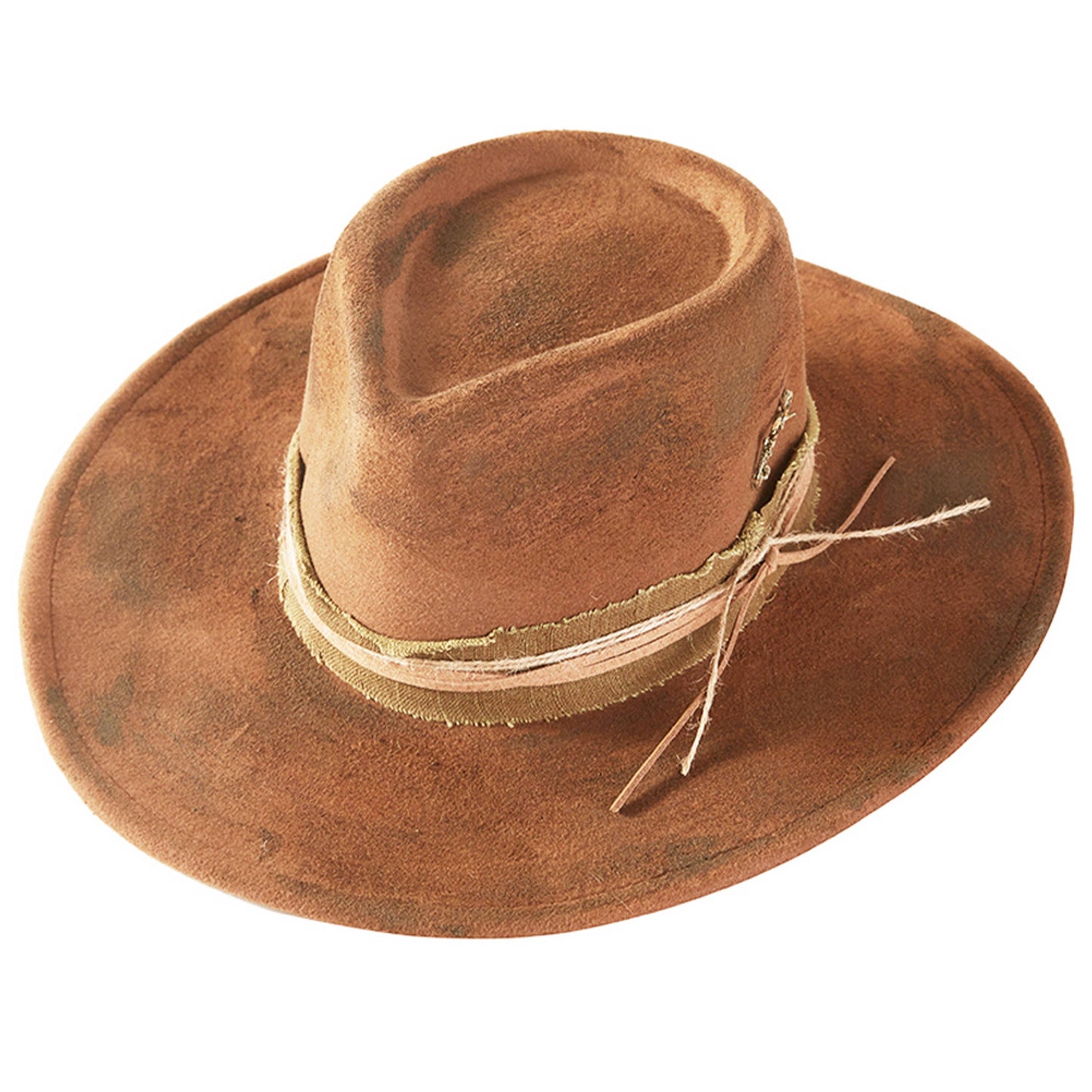 Distressed Fabric Band Rustic Cowgirl Fedora Hat