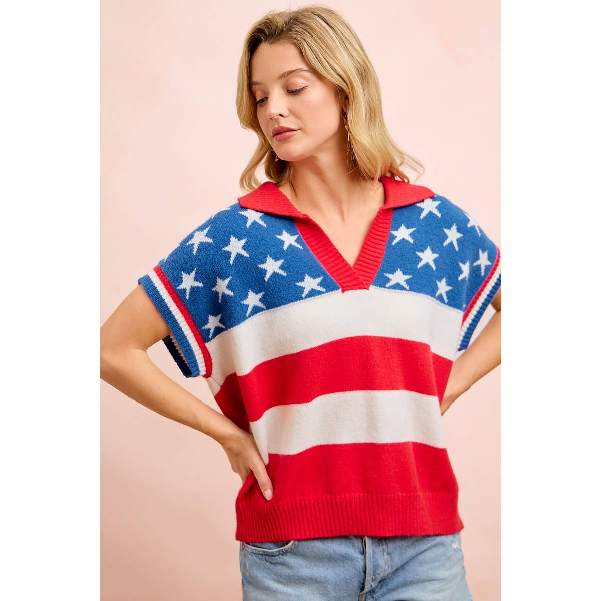 4TH OF JULY STAR STRIPED SLEEVELESS COLLAR KNIT TOP