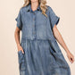 WASHED CHAMBRAY PATCH POCKET SHIRT MINI DRESS