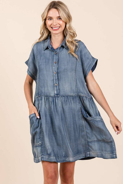 WASHED CHAMBRAY PATCH POCKET SHIRT MINI DRESS