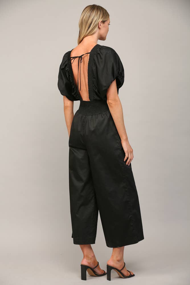 SMOCKED DETAIL OPEN TIE BACK JUMPSUIT