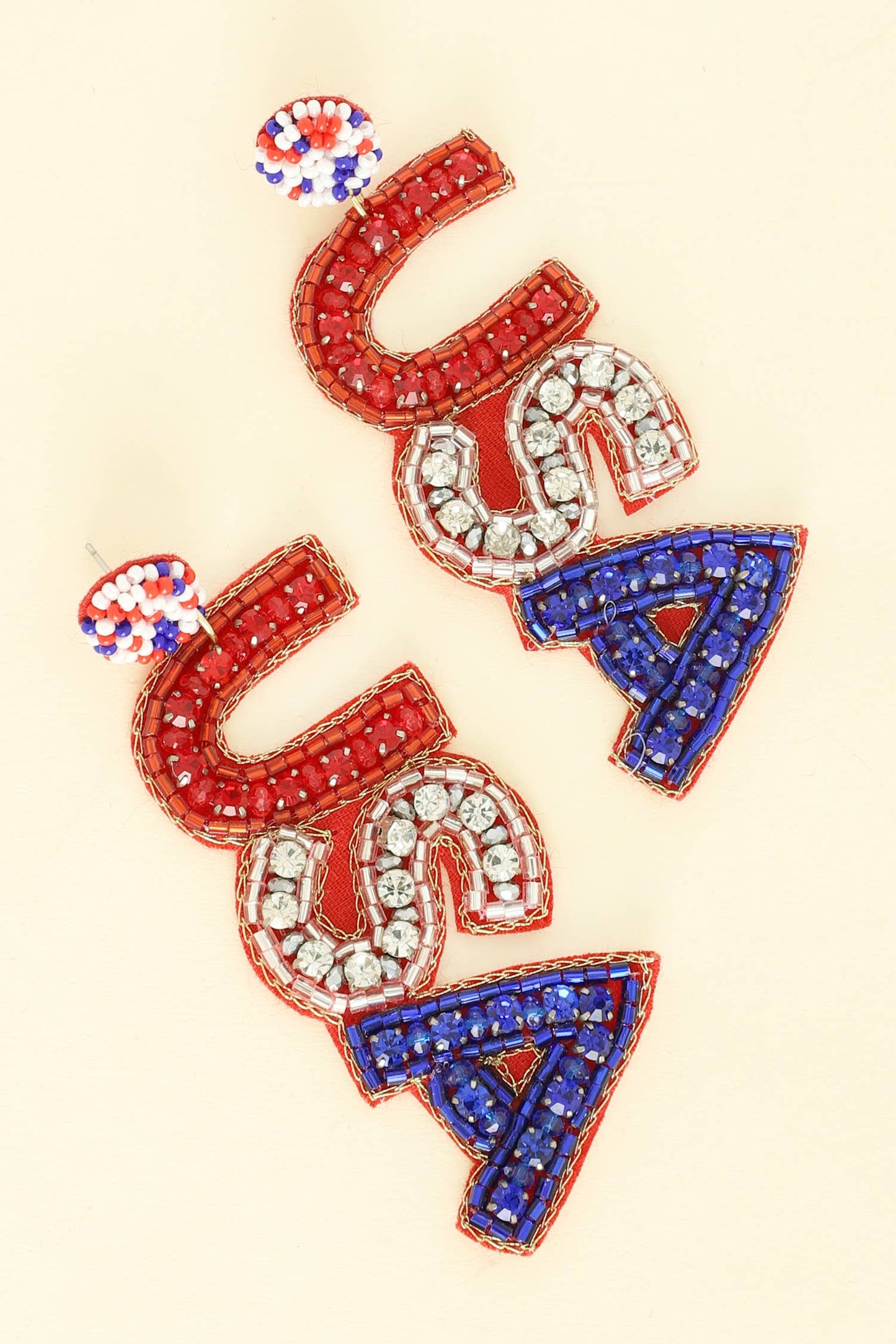 Jeweled Patriotic USA Lettering Beaded Earrings