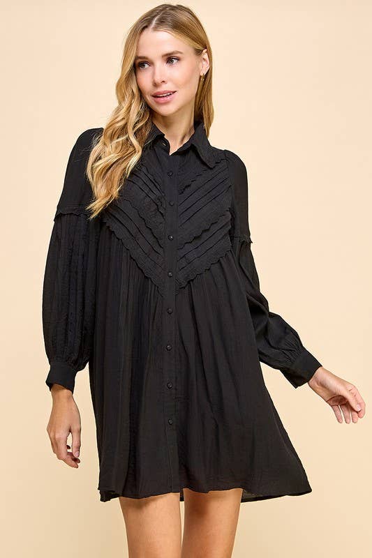 Pleated Top Button Down Shift Dress