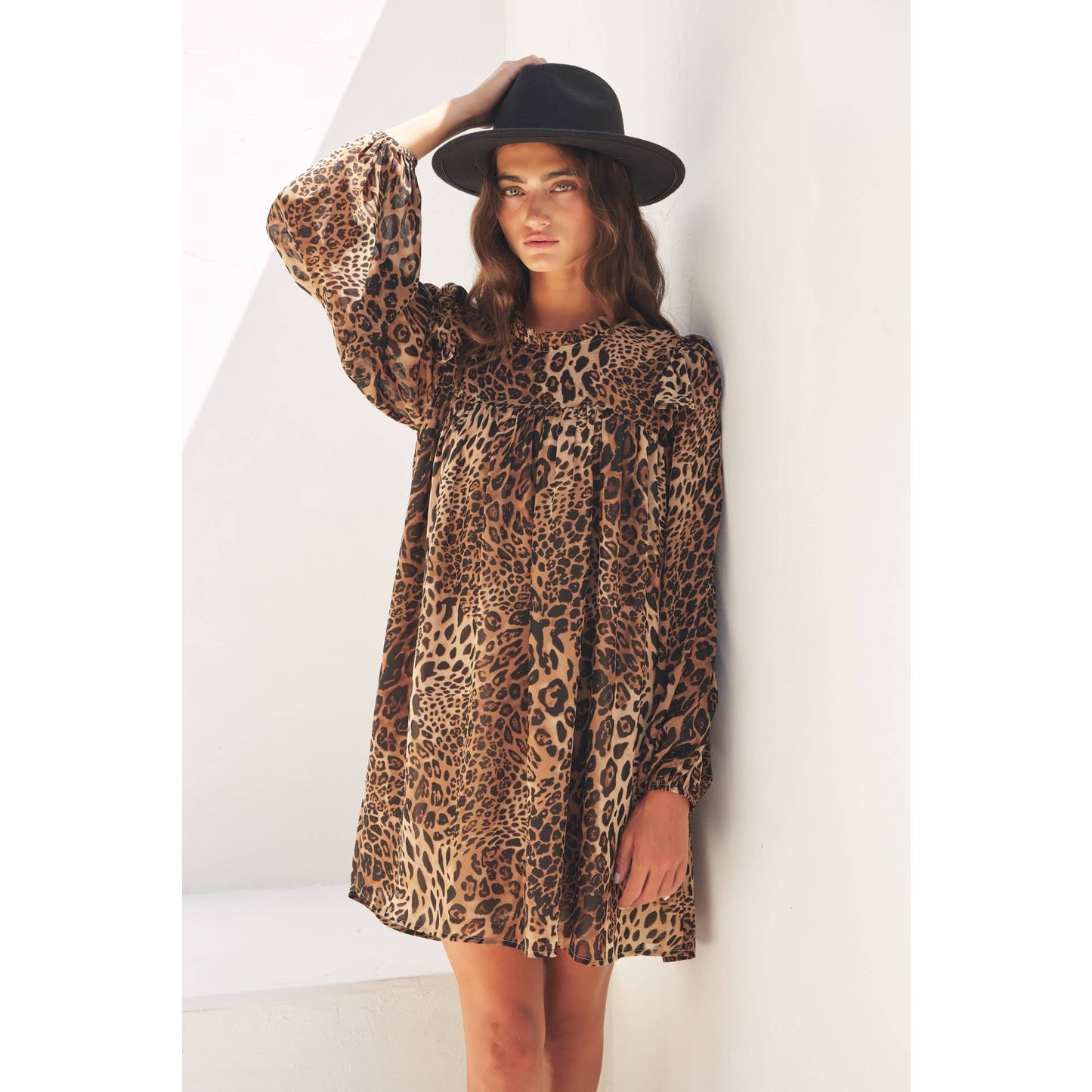 CHIC LEOPARD SHEER CHIFFON MINI DRESS WITH RUFFLES