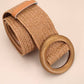 WOODEN BUCKLE WOVEN RATTAN STRETCH WAIST BELT - BROWN