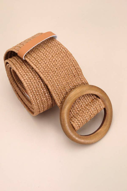 WOODEN BUCKLE WOVEN RATTAN STRETCH WAIST BELT - BROWN