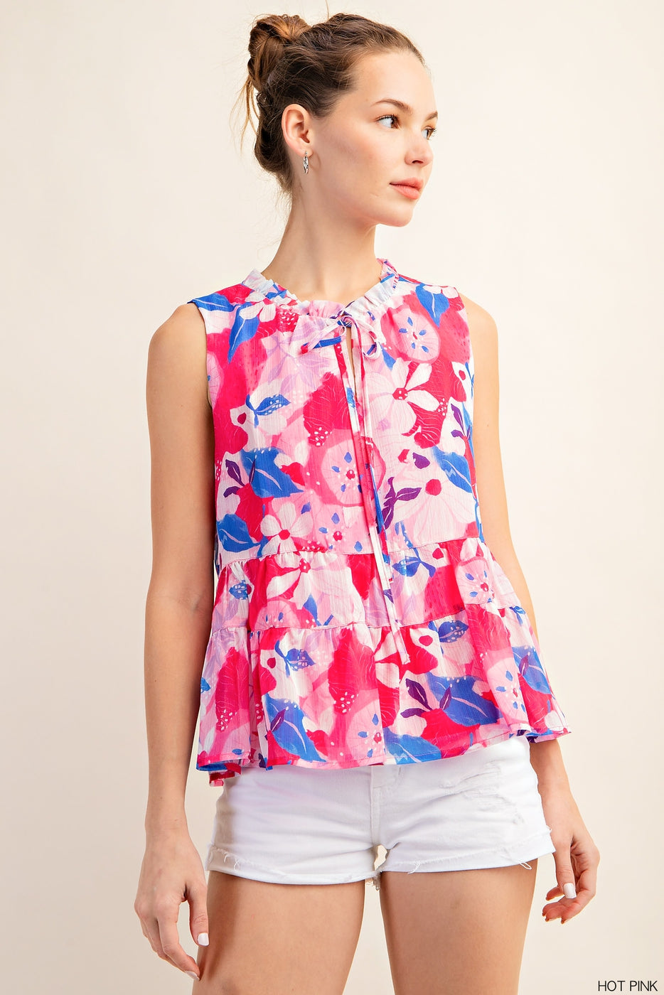 TIERED SLEEVELESS FLORAL LINED TOP RUFFLE NECK