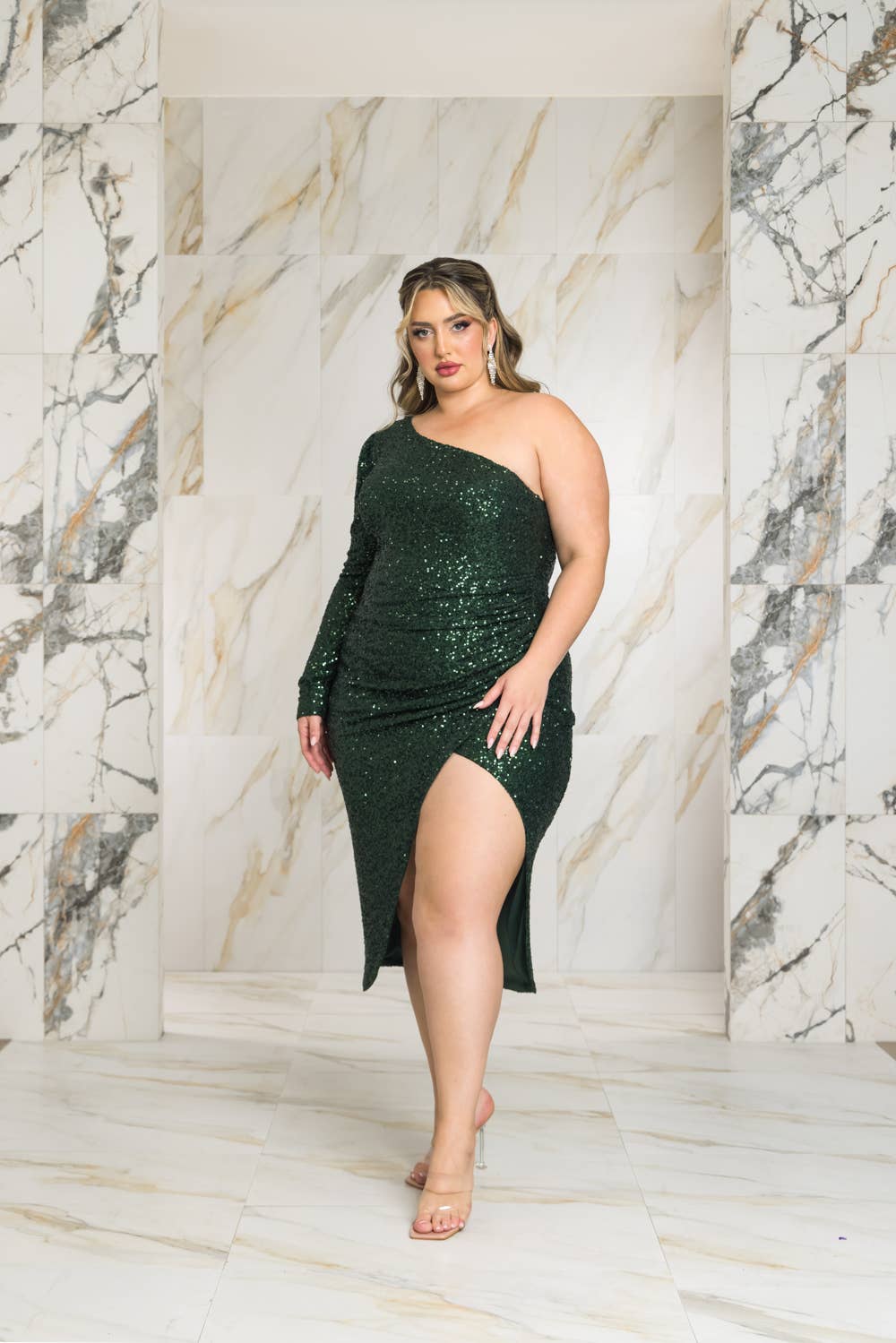 ONE SHOULDER SEQUIN MIDI DRESS - HUNTER GREEN