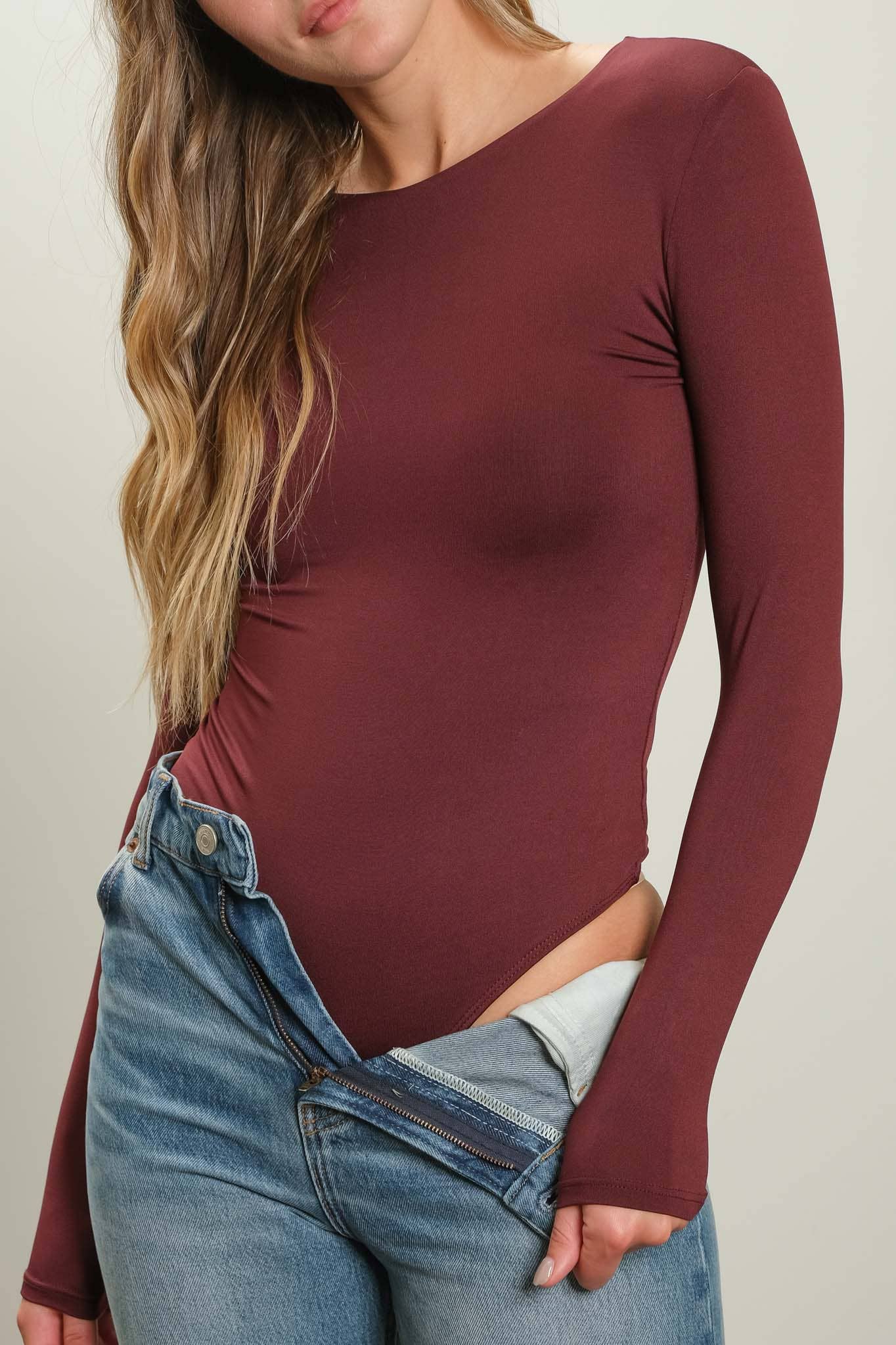 SOLID ROUND NECK LONG SLEEVE BODYSUIT - MAROON