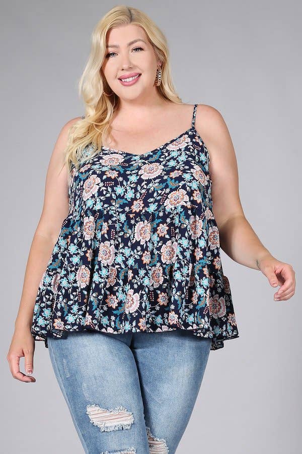 Floral Paisley Print Ruffle Cami Plus Size Top